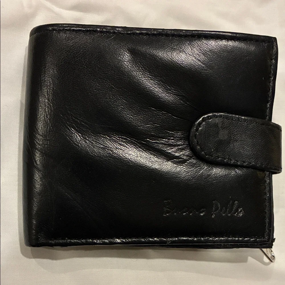 Black Leather Wallet Genuine Leather Billfold With zipper Pockets  Snap Closure